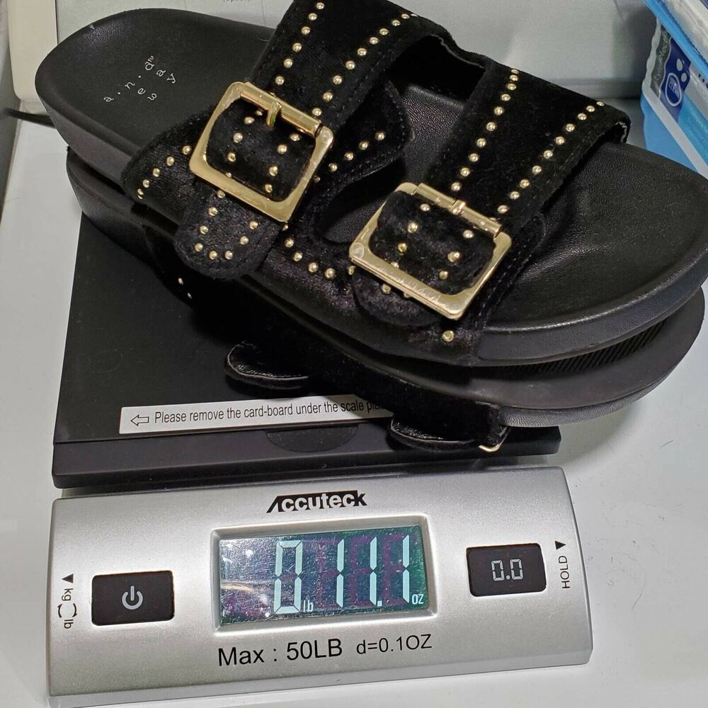 A New Day Womens 5 Footbed Sandals Black Velvet Gold Studs Double Strap Slip On - Picture 10 of 12